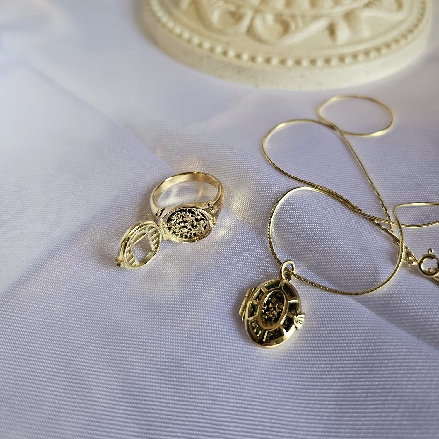 18ct yellow gold Utopia Signet Ring and Fairytale Locket from London jewellery designer, Georgina Yvonne's, award winning Wonderland Collection