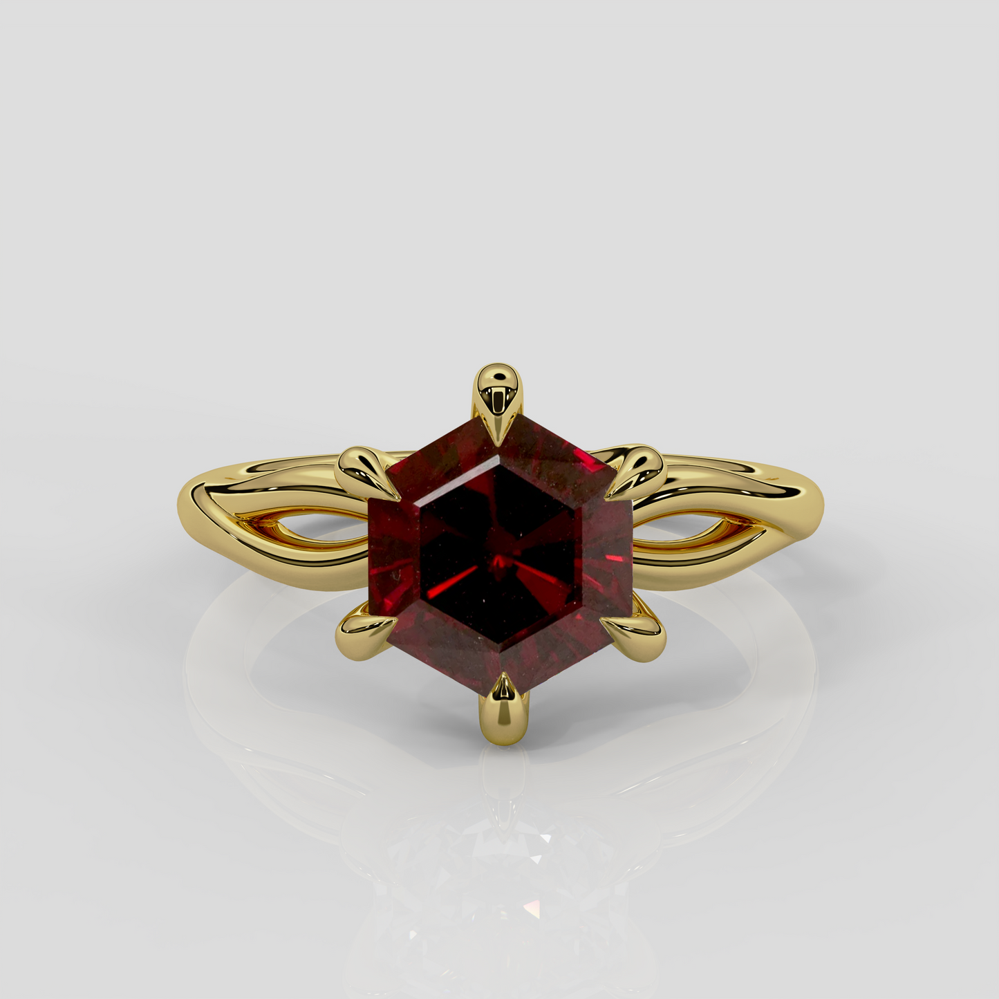 18ct yellow gold hexagon garnet engagement ring with twist band design by London jewellery designer, Georgina Yvonne