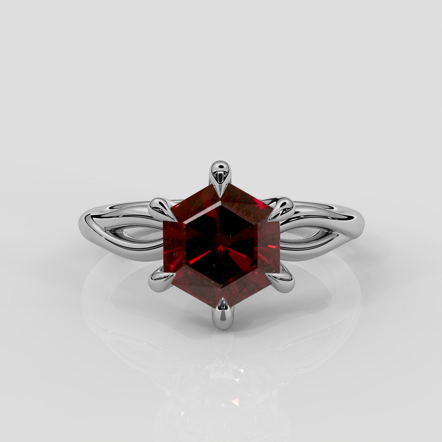 Platinum Ivy hexagon garnet engagement ring with twist band design by London jewellery designer, Georgina Yvonne