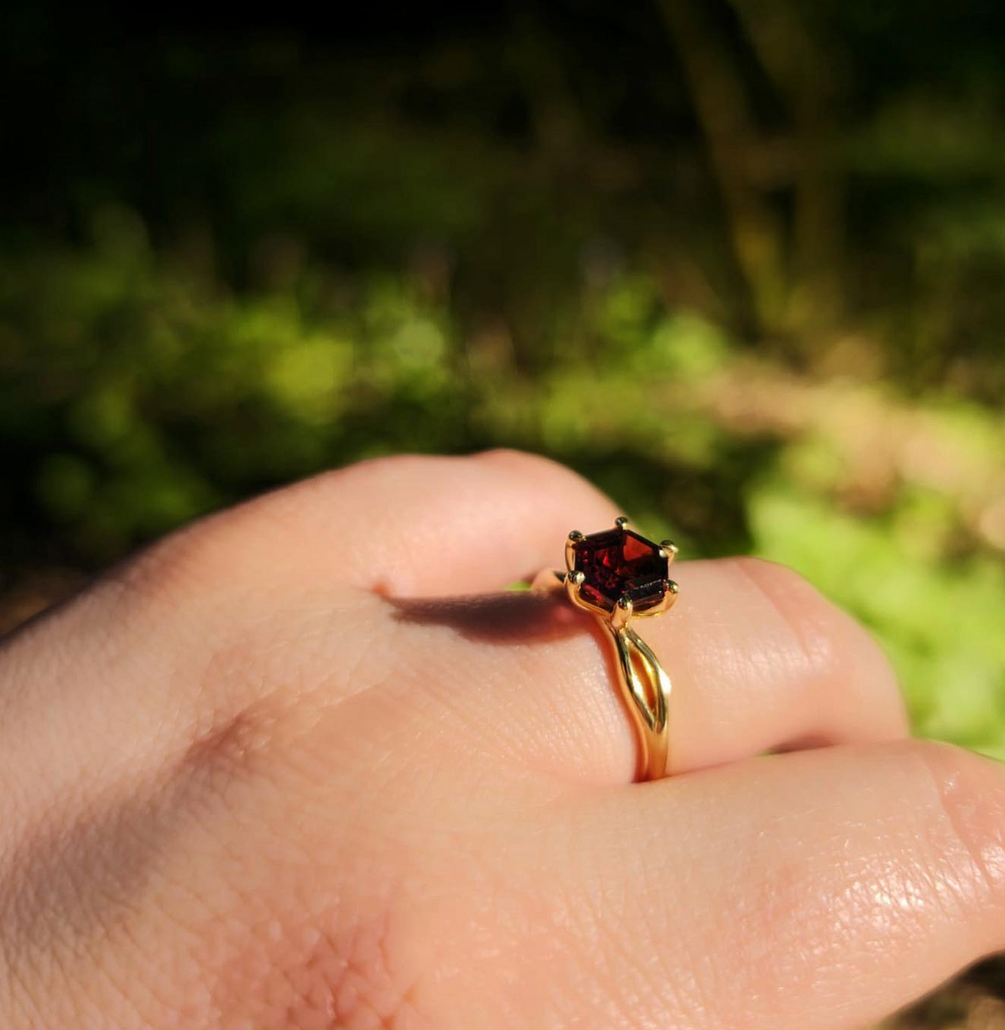 'Ivy' Hexagon Garnet Engagement Ring in Yellow Gold or Platinum
