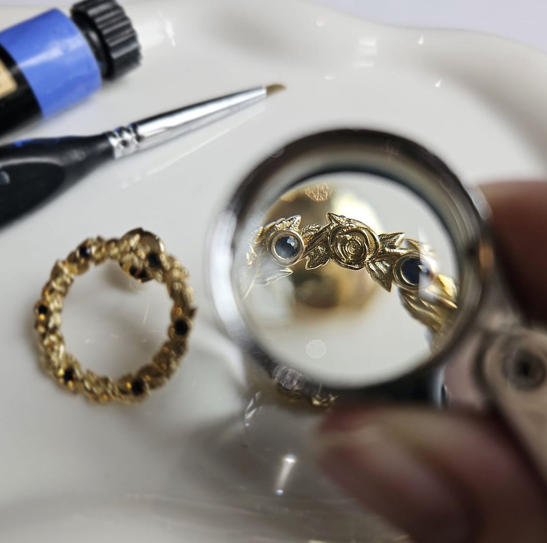 18ct yellow gold and sapphire Bed of Roses Earrings from London jewellery designer, Georgina Yvonne's, award winning Wonderland jewellery collection