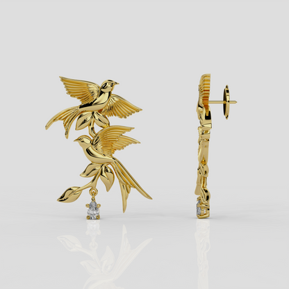Wonderland 'Bird Song' Diamond or Teal Sapphire Stud Earrings in Yellow Gold or Platinum