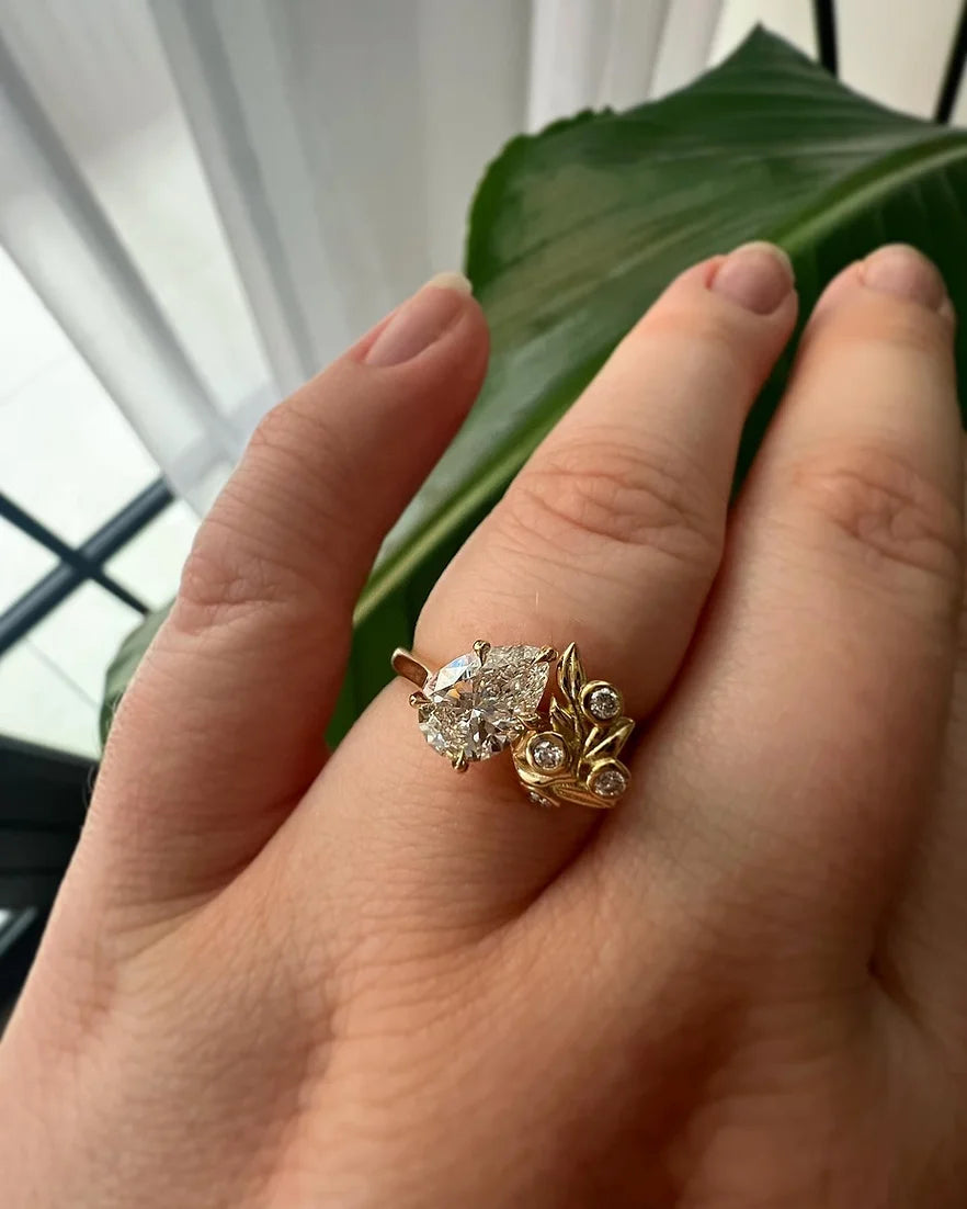 Diamond Berry Engagement Ring in 18ct yellow gold by London jewellery designer, Georgina Yvonne, nature inspired design with pear diamond centre