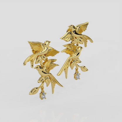 18ct yellow gold and diamond Bird Song Earrings by London jewellery designer, Georgina Yvonne, from the award winning Wonderland jewellery collection.