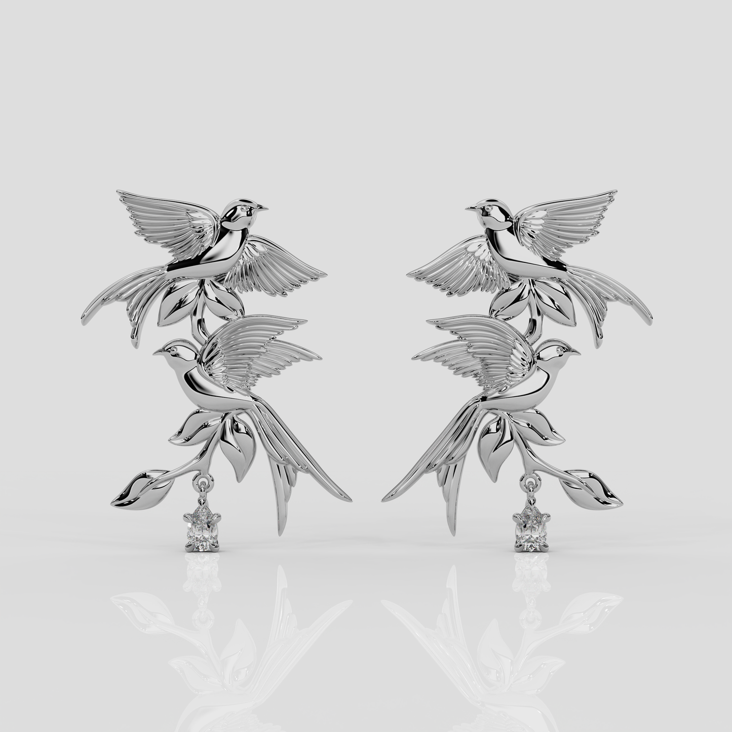 Platinum and diamond Bird Song Earrings by London jewellery designer, Georgina Yvonne, from the award winning Wonderland jewellery collection.
