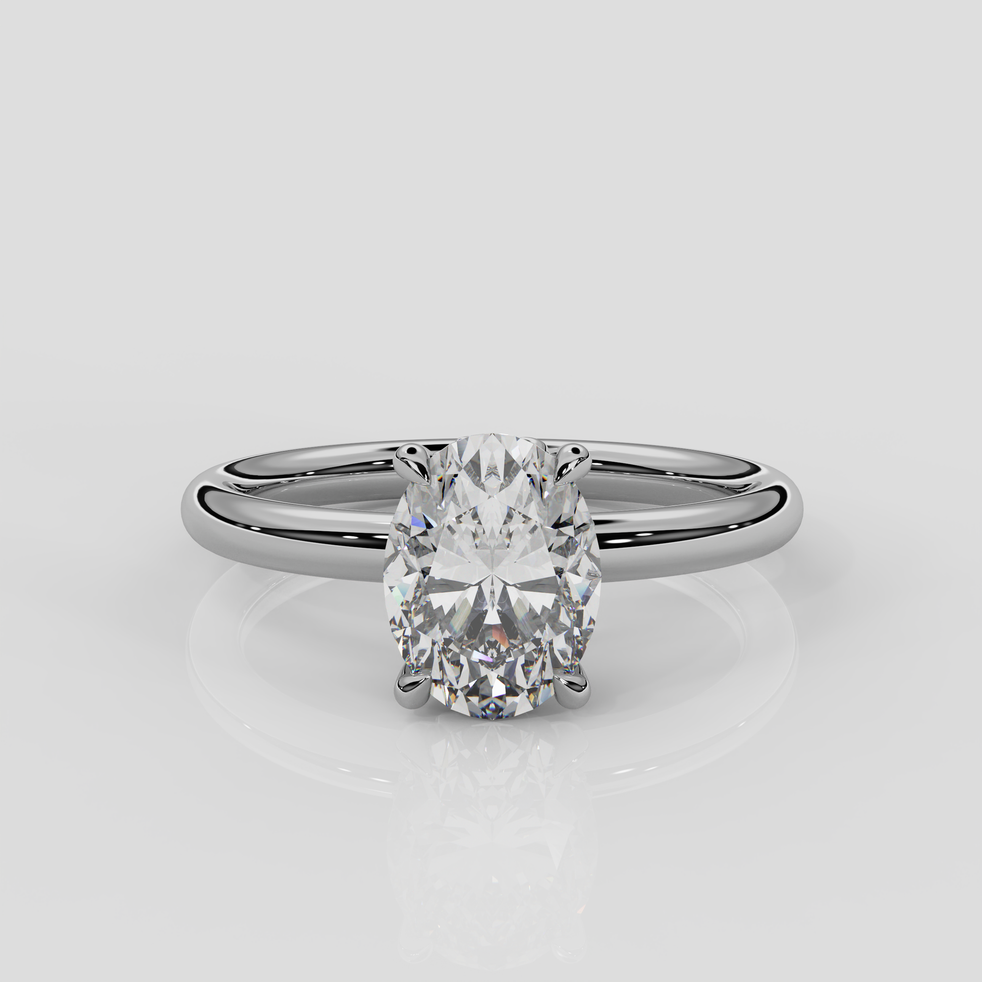 Platinum Daisy solitaire engagement ring by London jewellery designer, Georgina Yvonne. Nature inspired design with floral gallery and oval diamond centre stone