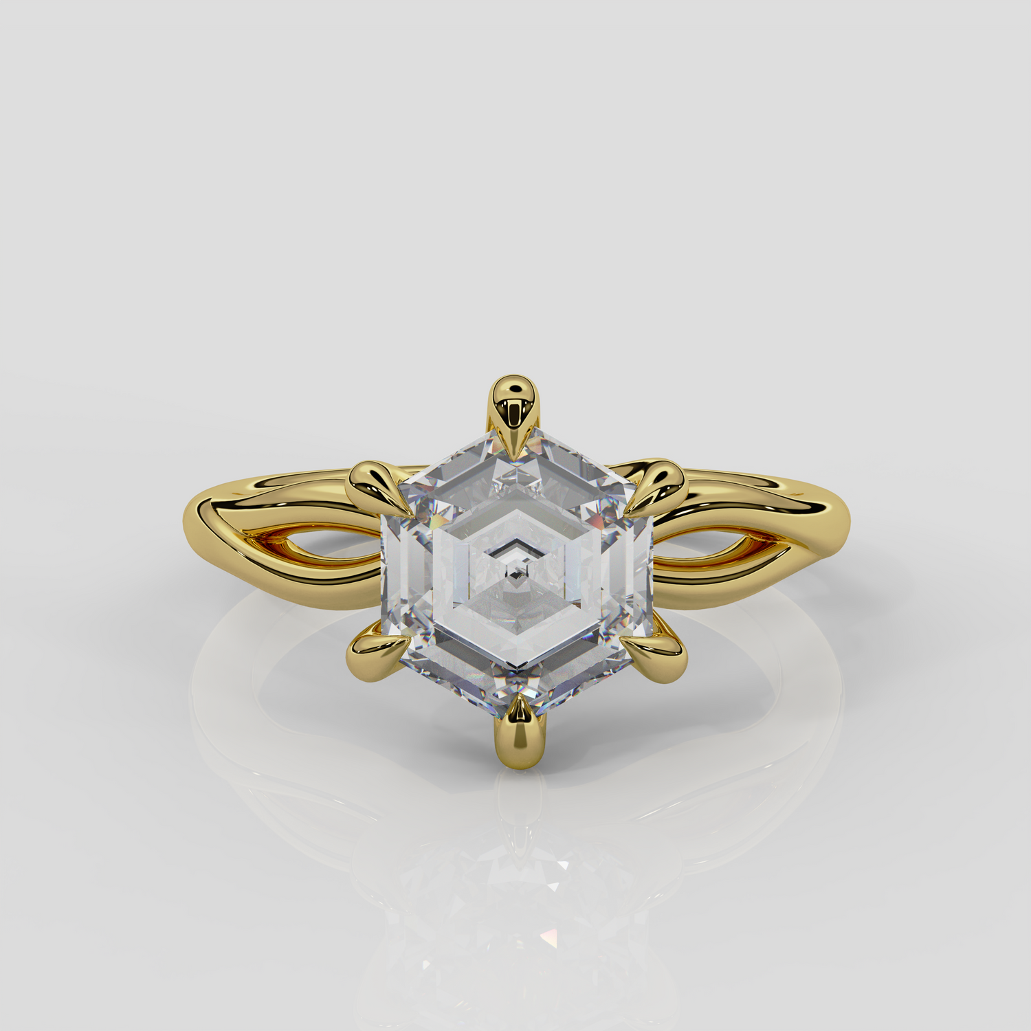 18ct yellow gold Ivy hexagon diamond engagement ring by London jewellery designer, Georgina Yvonne. Twist band design and your choice of either lab grown or natural diamond