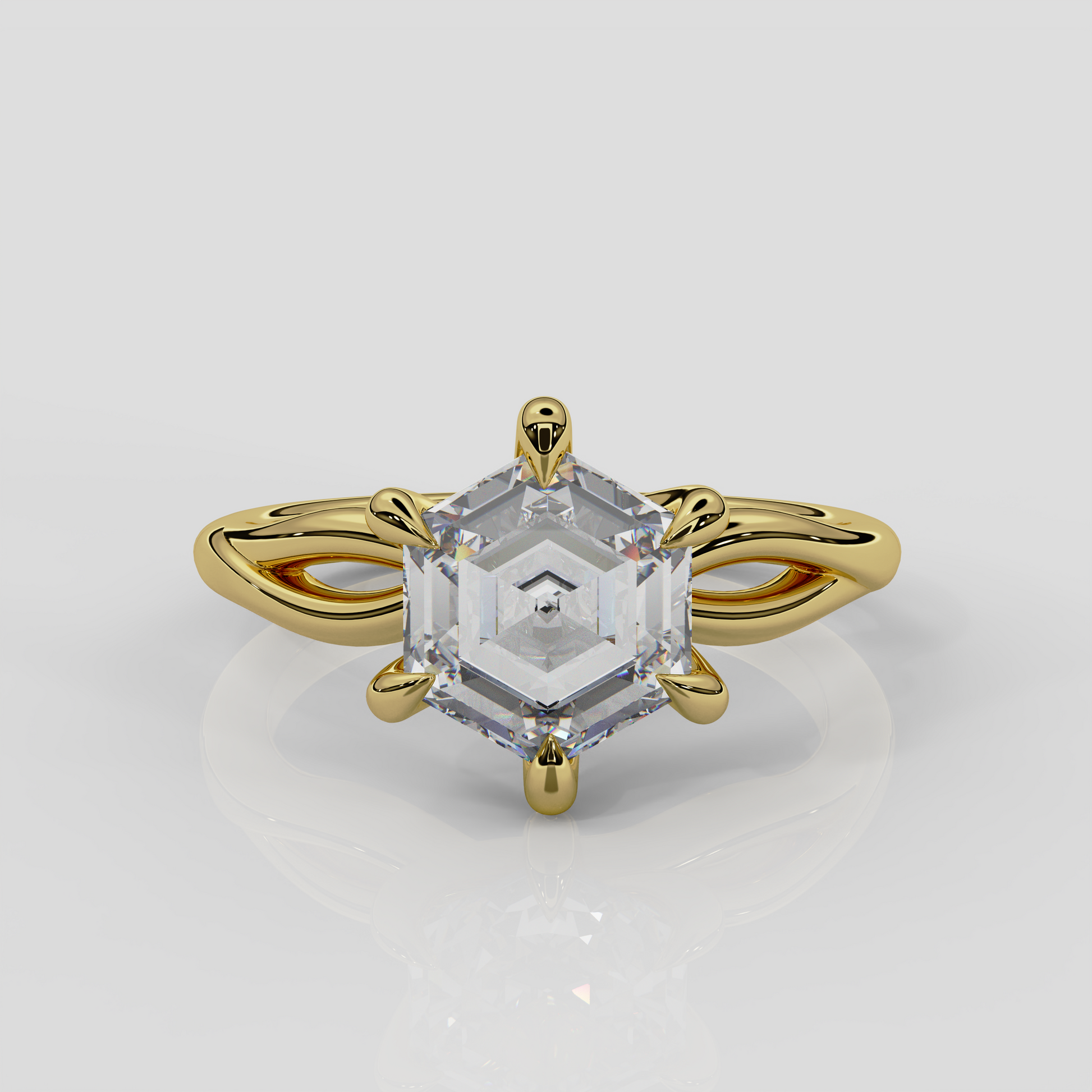 18ct yellow gold Ivy hexagon diamond engagement ring by London jewellery designer, Georgina Yvonne. Twist band design and your choice of either lab grown or natural diamond