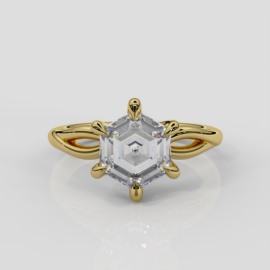 18ct yellow gold Ivy hexagon diamond engagement ring by London jewellery designer, Georgina Yvonne. Twist band design and your choice of either lab grown or natural diamond