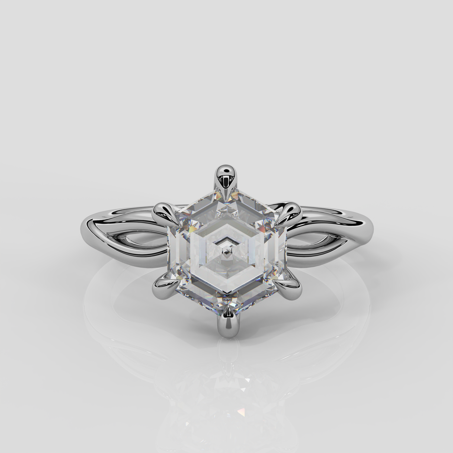 Platinum Ivy hexagon diamond engagement ring by London jewellery designer, Georgina Yvonne. Twist band design and your choice of either lab grown or natural diamond