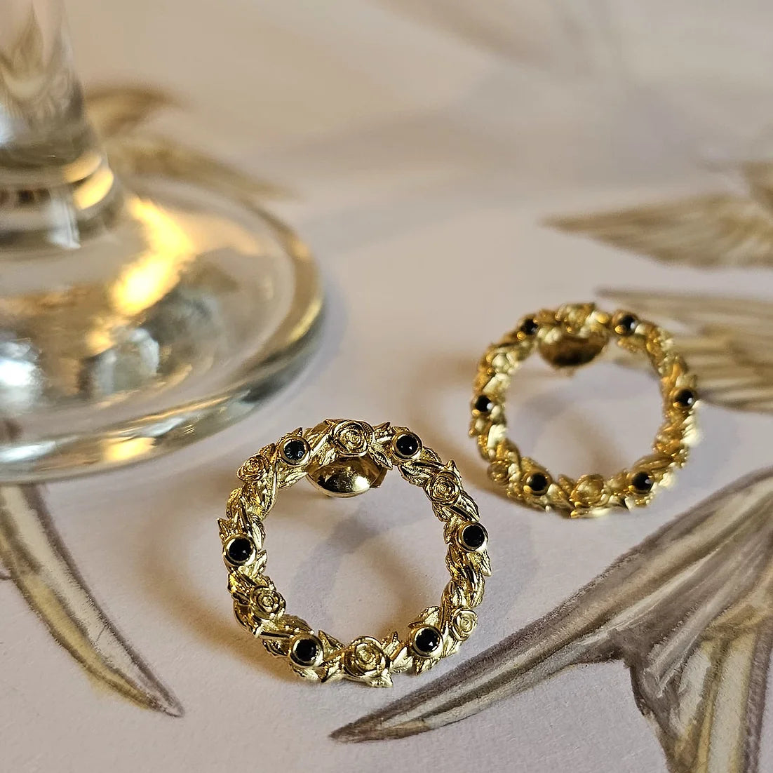 18ct yellow gold Bed of Roses Stud Earrings from jewellery designer, Georgina Yvonne's, award winning Wonderland Collection featuring round blue sapphire detail