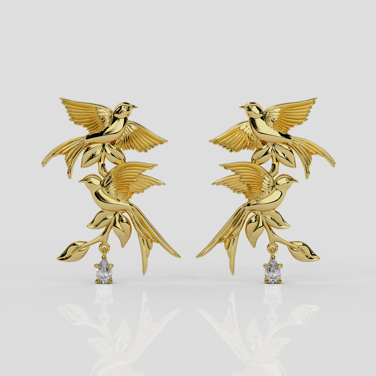 18ct yellow gold and diamond Bird Song Earrings by London jewellery designer, Georgina Yvonne, from the award winning Wonderland jewellery collection.