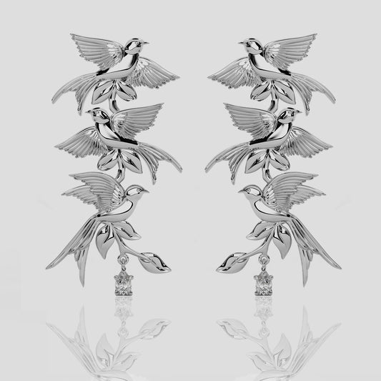 'Bird Song' Sterling Silver Three Tier Earrings